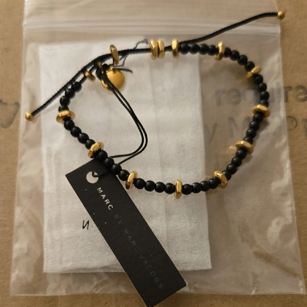 NWT Marc By Marc Jacobs Black and Gold Beaded Adjustable String Bracelet